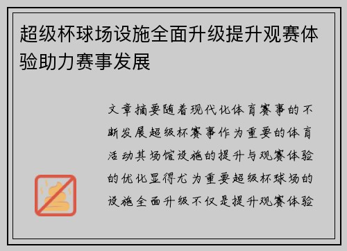 超级杯球场设施全面升级提升观赛体验助力赛事发展 超级杯球场设施全面升级提升观赛体验助力赛事发展