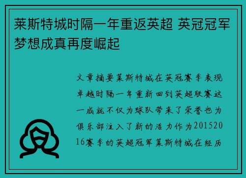 莱斯特城时隔一年重返英超 英冠冠军梦想成真再度崛起