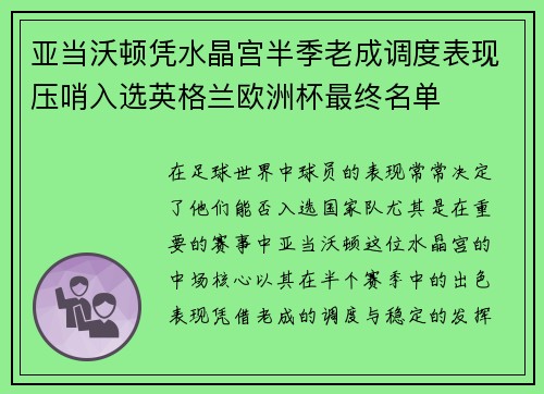 亚当沃顿凭水晶宫半季老成调度表现压哨入选英格兰欧洲杯最终名单
